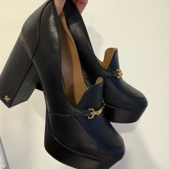 Sam Edelman Y2K stacked chunky black leather gold buckle loafers sz 10 - Picture 6 of 9